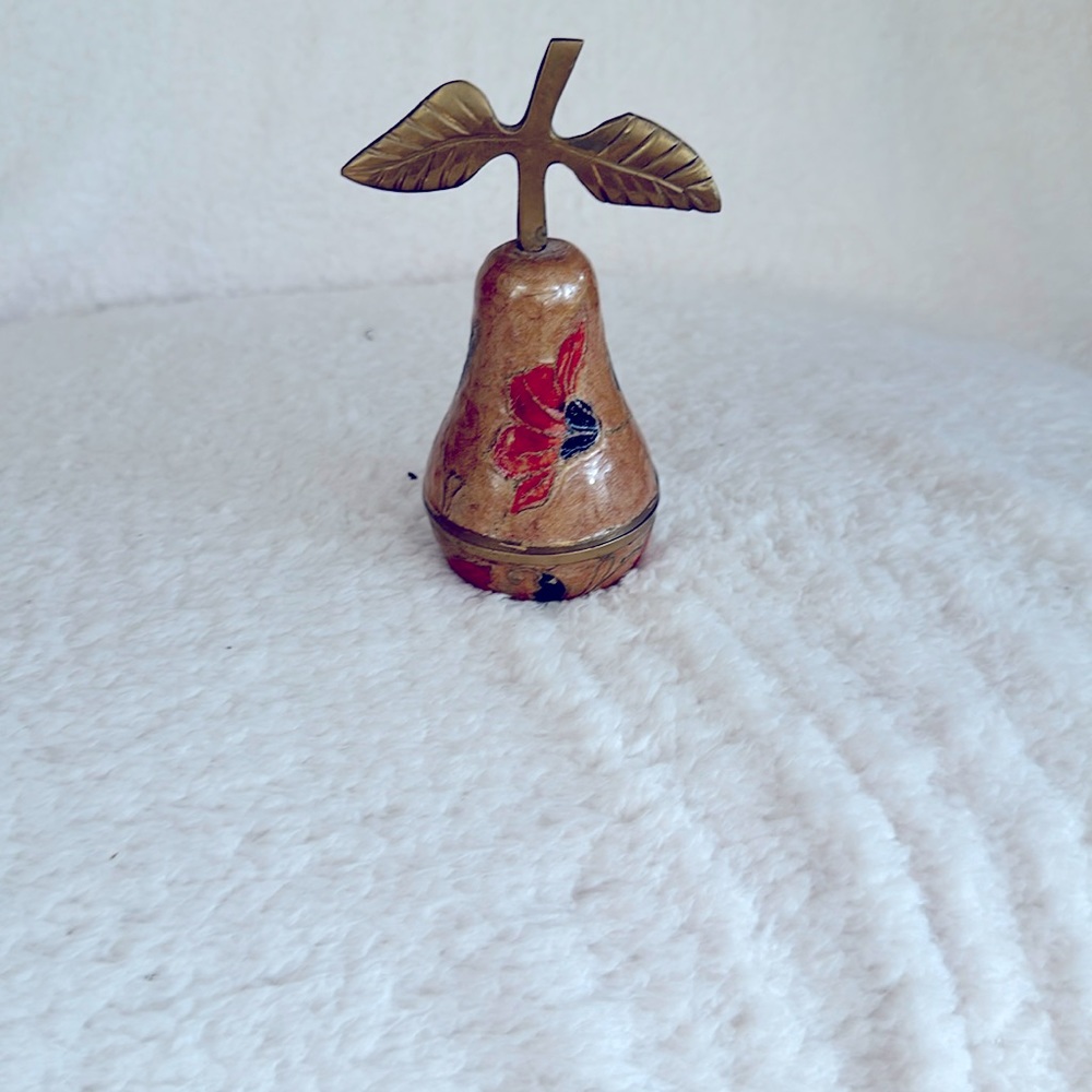 VINTAGE Decorative Brass Pear Home Figurine. Hand-painted flowers. 5” all.